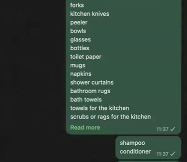 WhatsApp chat showing shopping list